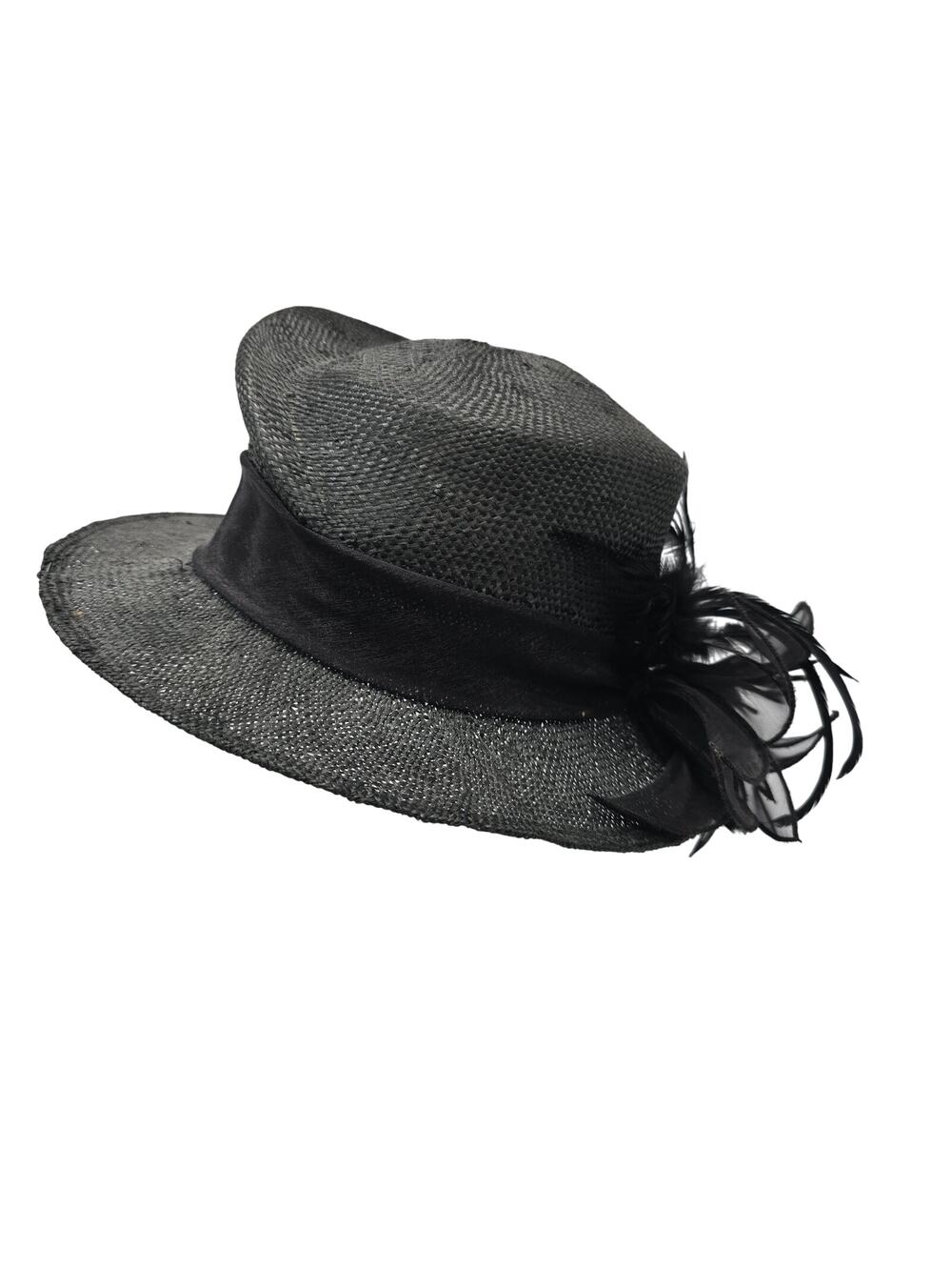 VTG Toucan Collection Sisal Wide Brim Derby Church Hat Elegant Black w/Feathers
